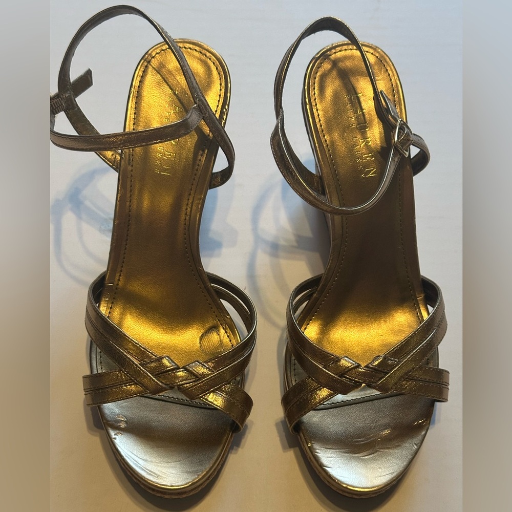 Ralph Lauren Metallic Gold Strappy Heel Sandals, size 8.5 M